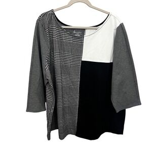 Lane Bryant Plus Size 26/28 4X Black White Gray Plaid Colorblock 3/4 Sleeve Top